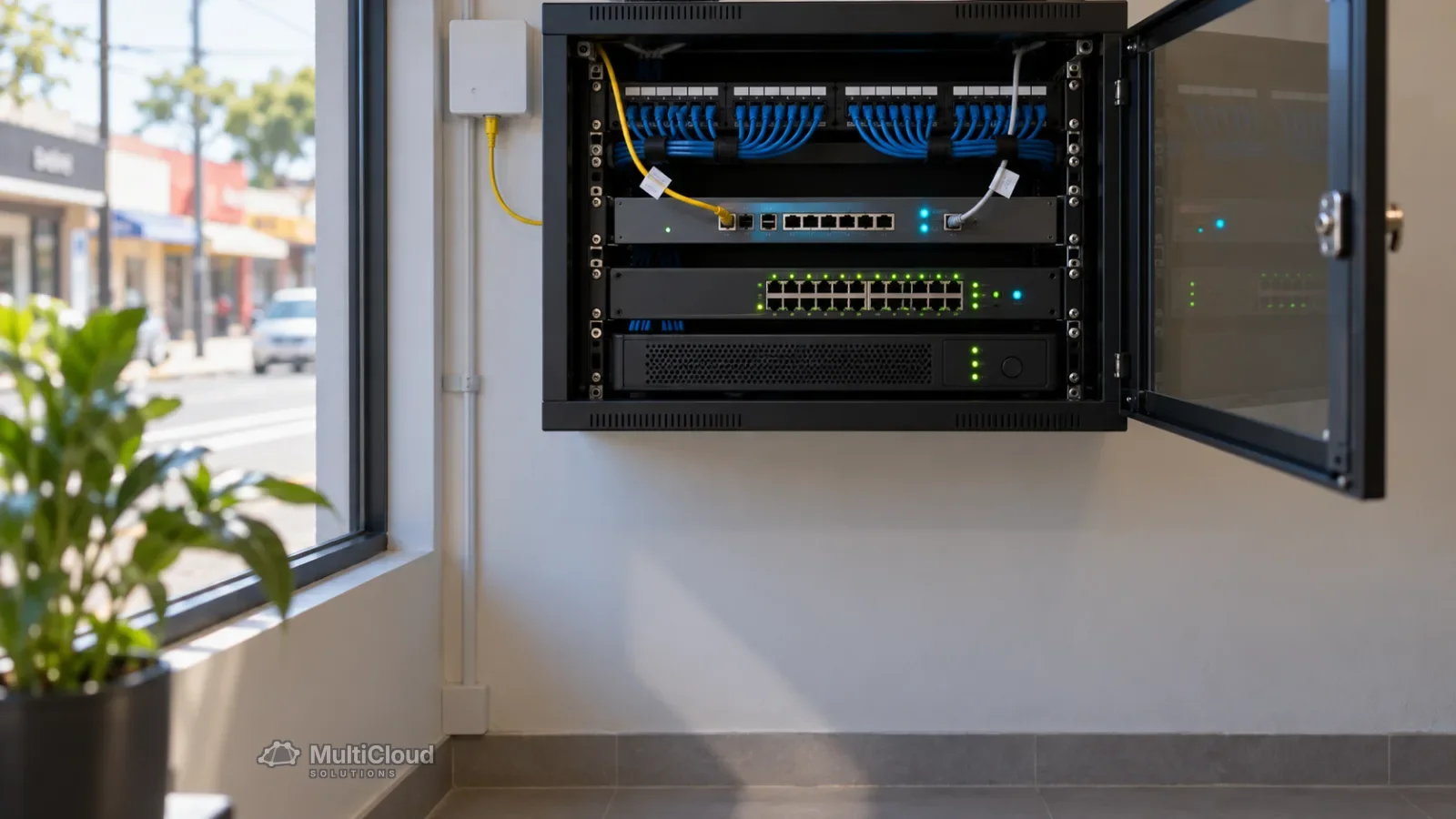 Rack de parede em uma filial com firewall, switch, patch panel e nobreak, ligado por fibra e por um link de reserva