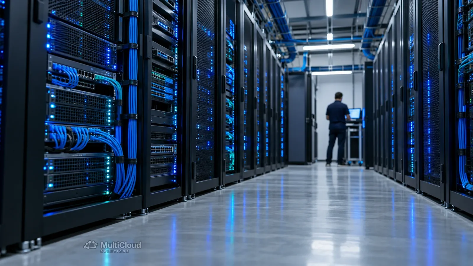 Corredor de datacenter com racks de servidores e luzes azuis