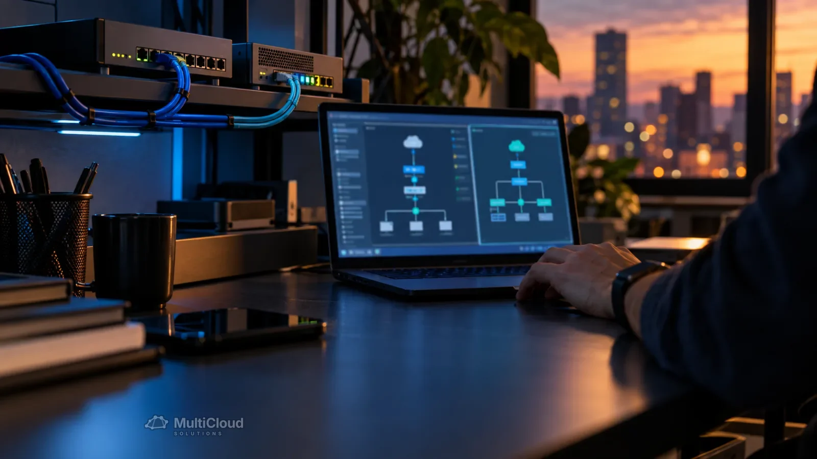 Mesa de engenharia de redes com roteador, firewall e notebook exibindo um plano de rede
