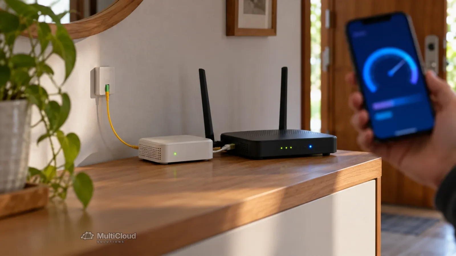 Terminal de fibra da operadora ligado ao roteador da casa e celular medindo a velocidade
