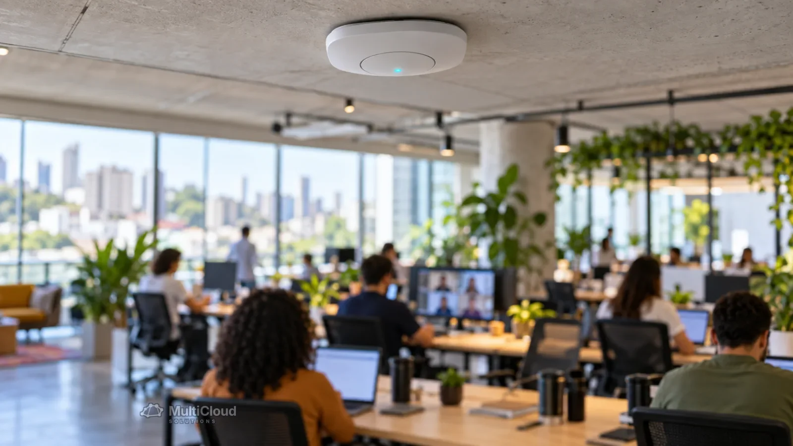 Ponto de acesso Wi-Fi no teto de um escritório aberto com equipe trabalhando
