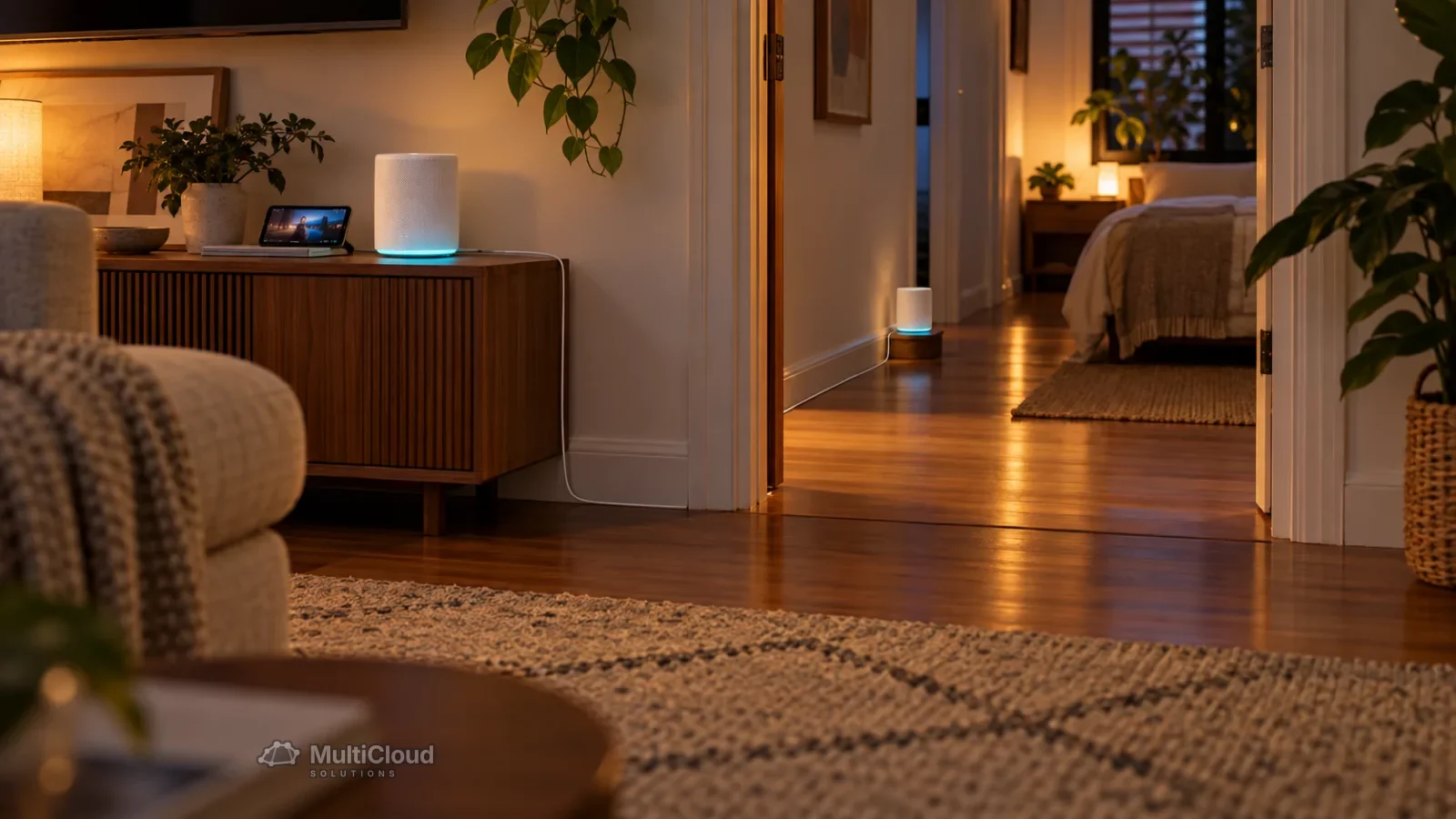 Sala e corredor de uma casa com dois pontos de Wi-Fi mesh ligados por cabo