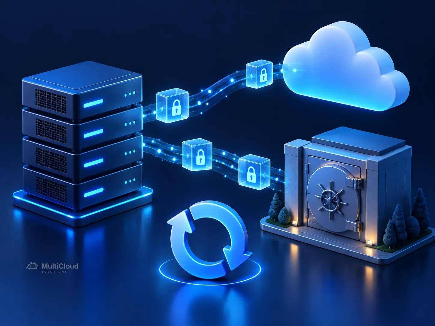 Ilustração de backup e recuperação de dados em ambiente corporativo