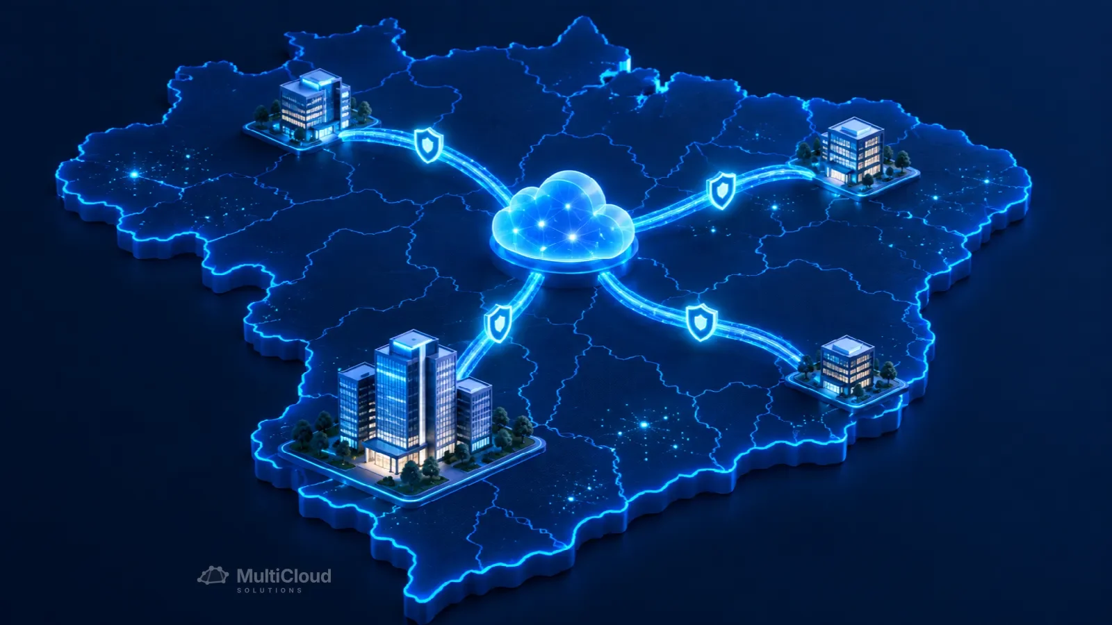 Ilustração de matriz e filiais conectadas a uma nuvem híbrida