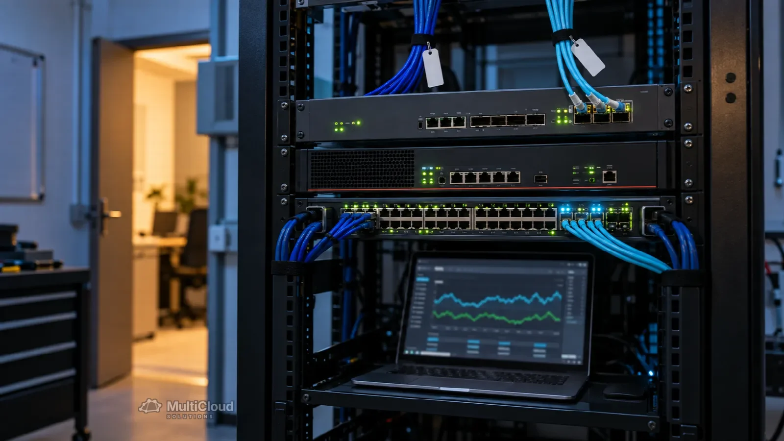Ilustração de um rack com equipamentos de borda, cabos identificados e notebook com gráfico de monitoramento