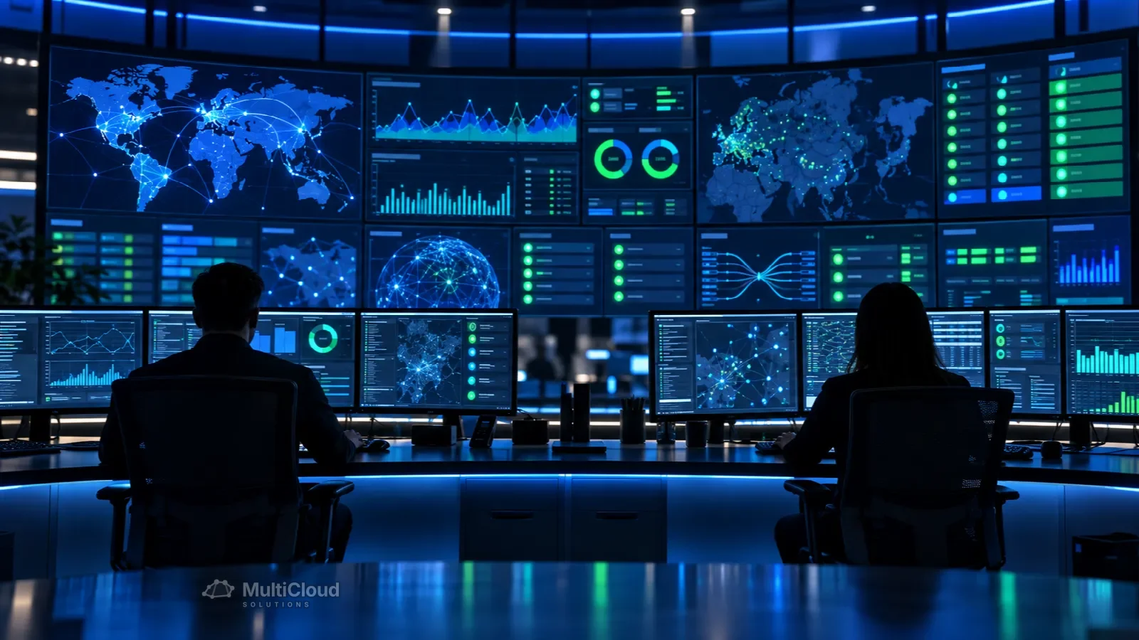 Ilustração de uma central de operações de rede com painéis de monitoramento