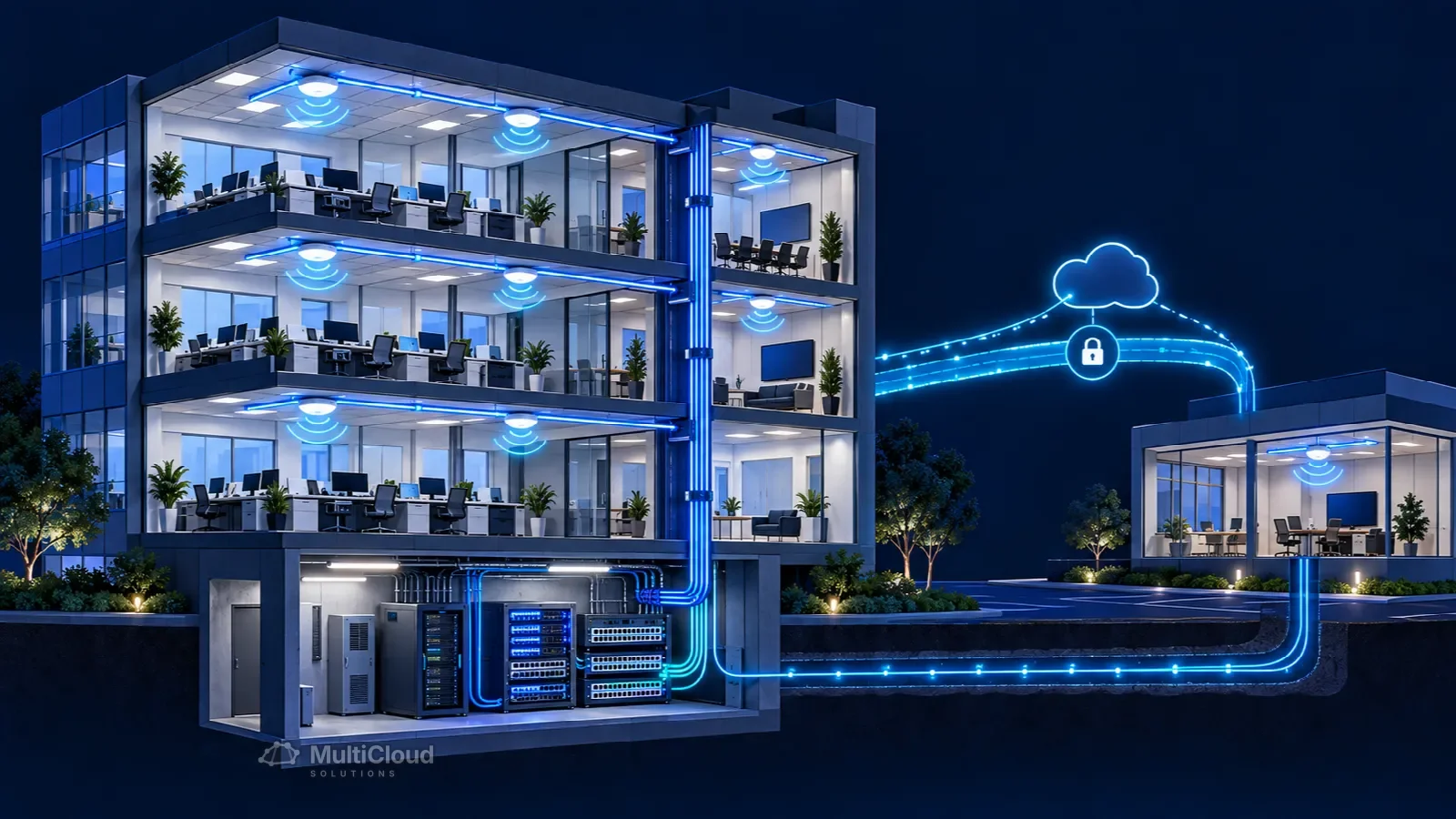 Ilustração de infraestrutura de rede corporativa com ativos conectados