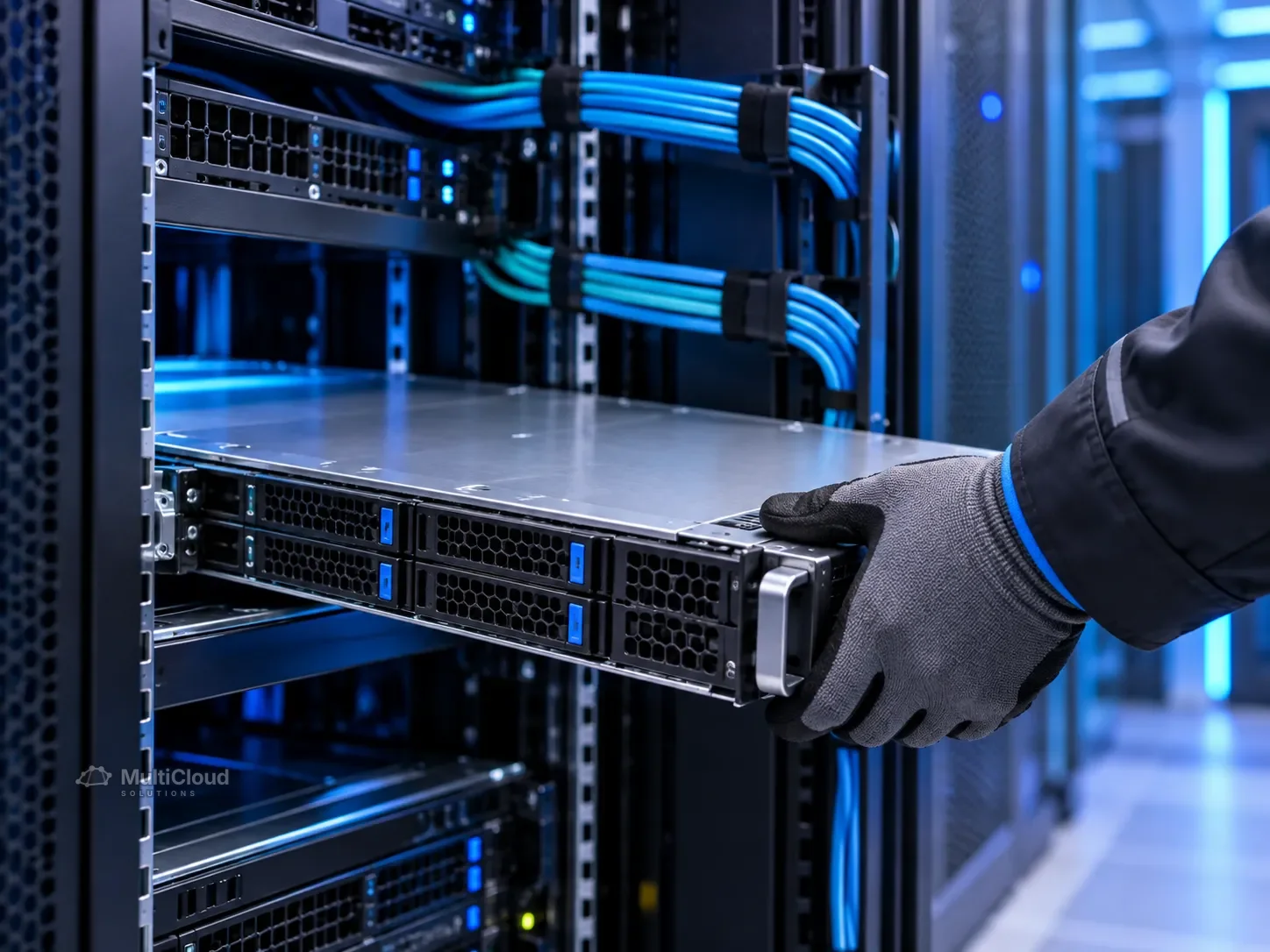 Ilustração de servidores em um rack de datacenter