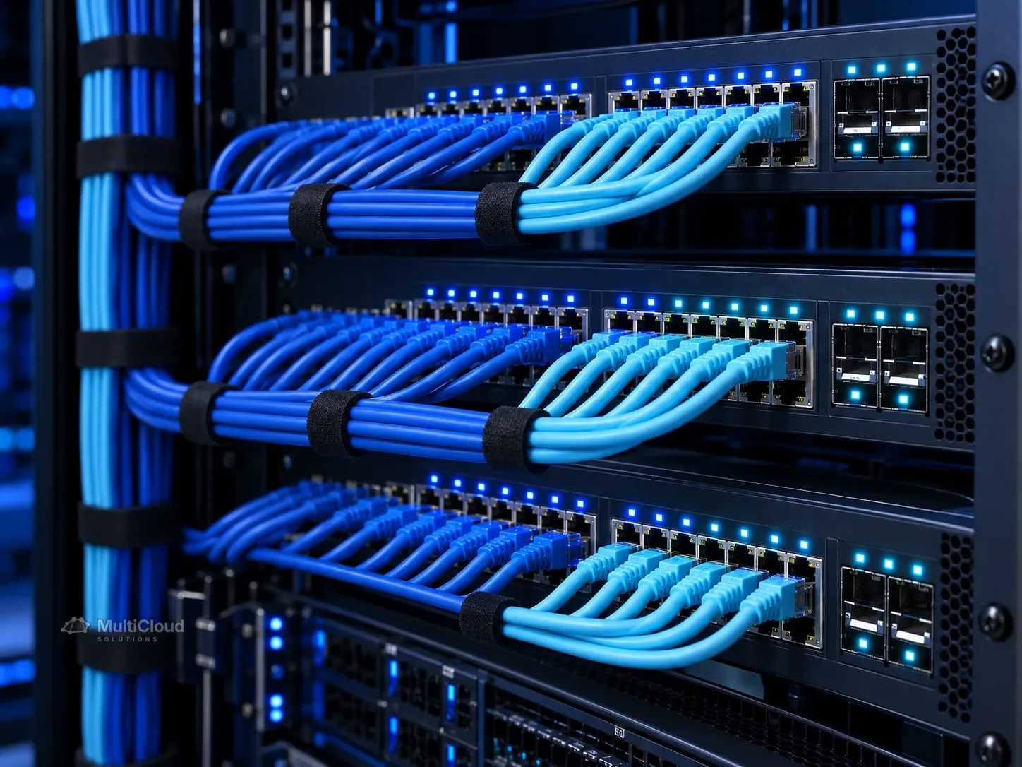 Ilustração de switches e conexões de rede em um rack corporativo