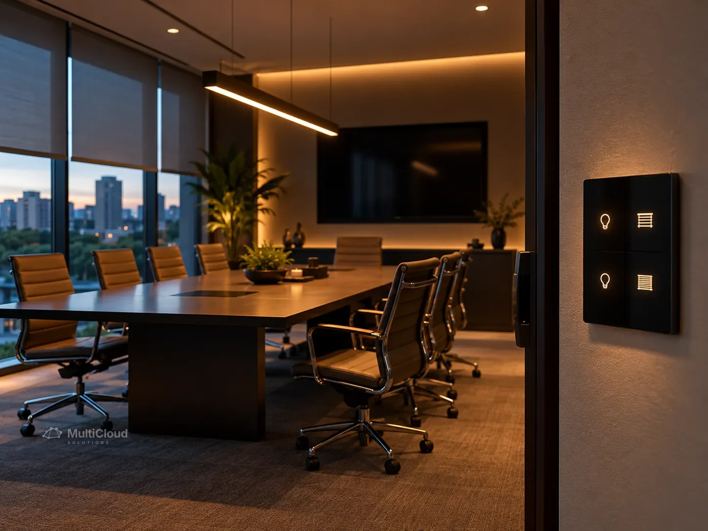 Ilustração de uma sala de reuniões com painel de controle de iluminação e persianas na parede