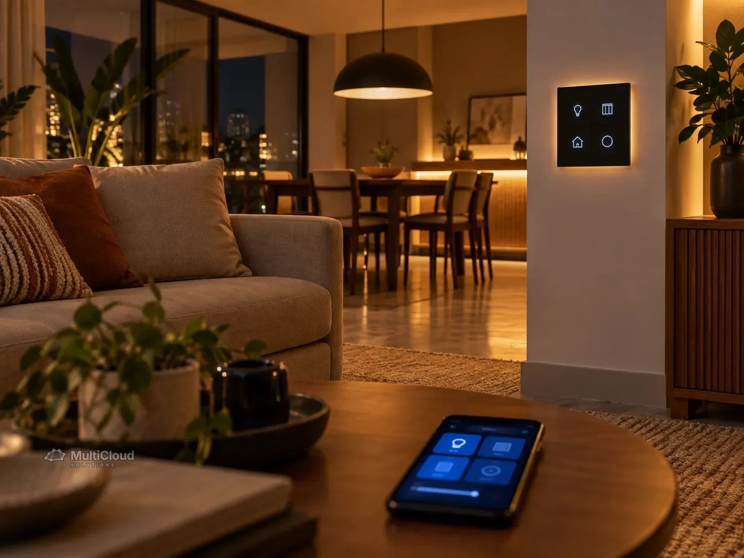 Ilustração de uma sala com iluminação inteligente e painel de controle na parede