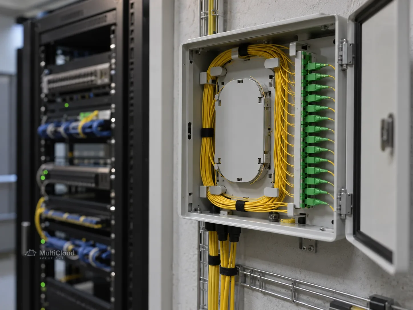 Ilustração de uma caixa de terminação de fibra óptica com conectores verdes na parede, ao lado de um rack de rede de escritório