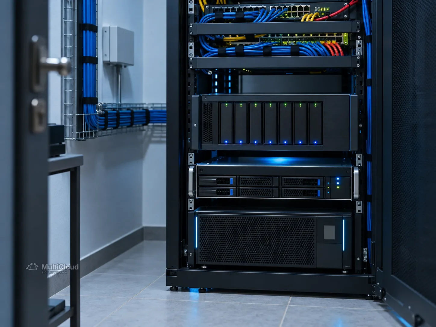Ilustração de um rack de sala técnica com NAS, servidor e nobreak sob cabos de rede organizados