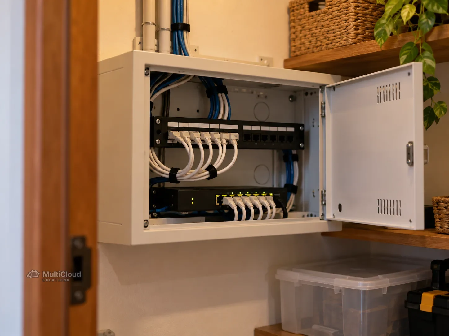 Ilustração de um pequeno quadro de rede embutido na parede de casa, com patch panel e switch