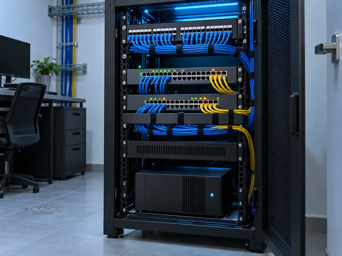Ilustração de um rack de rede organizado com switches e nobreak