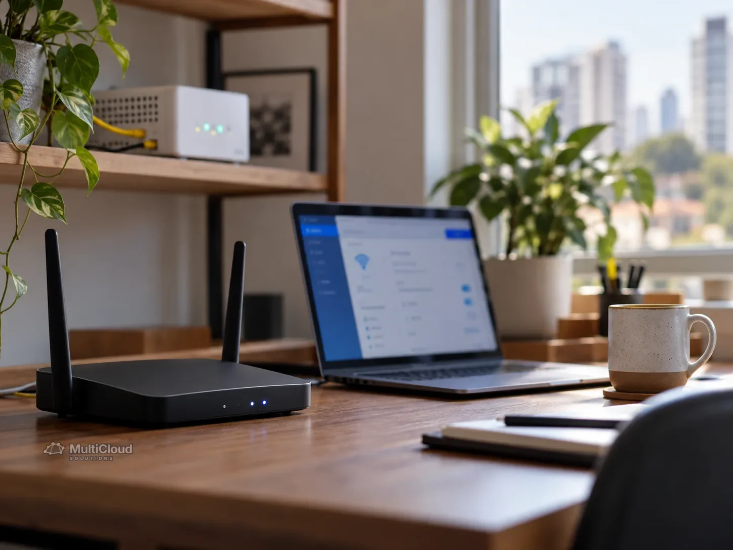 Ilustração de um roteador e um notebook exibindo o painel de rede sobre a mesa de um home office