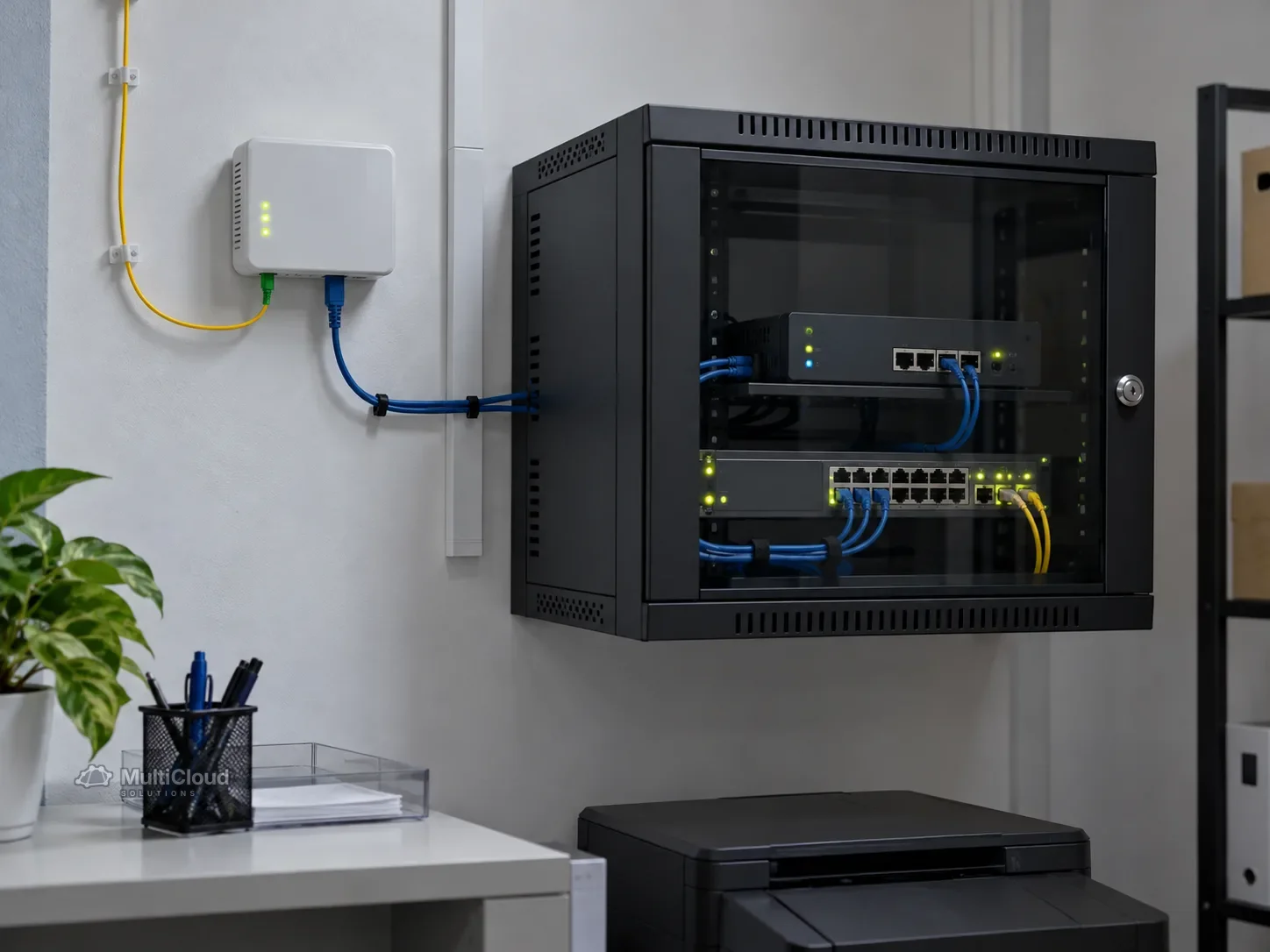 Ilustração de um terminal óptico na parede ligado a um pequeno rack de rede com firewall e switch num escritório