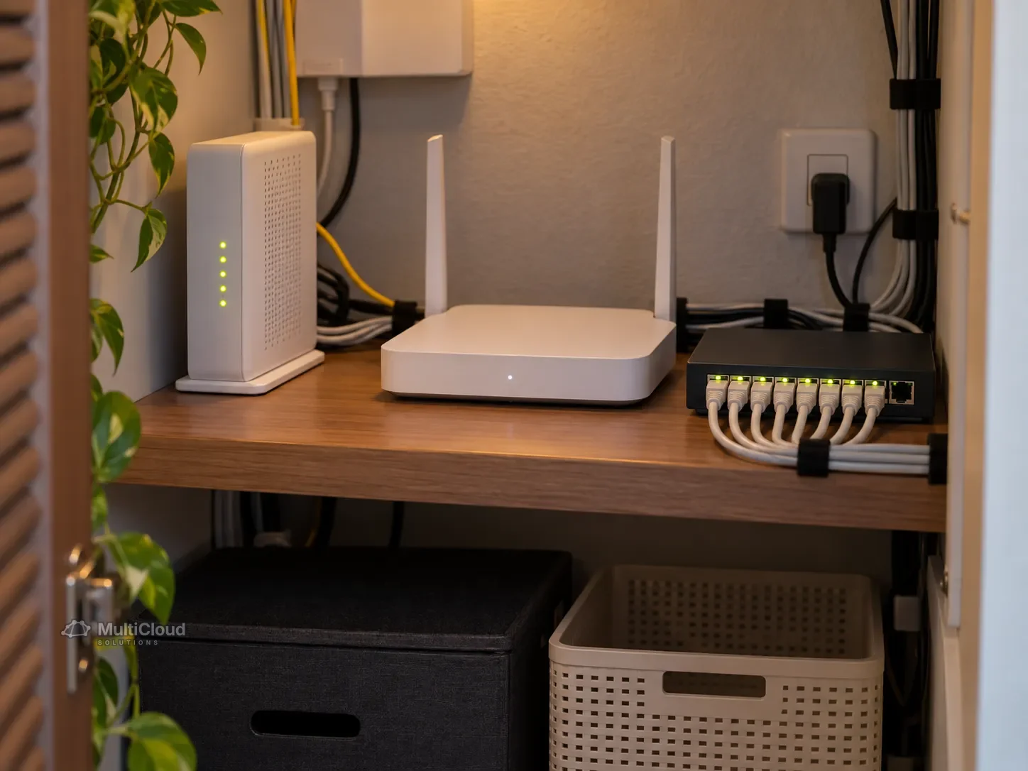 Ilustração de modem, roteador e switch organizados em um armário