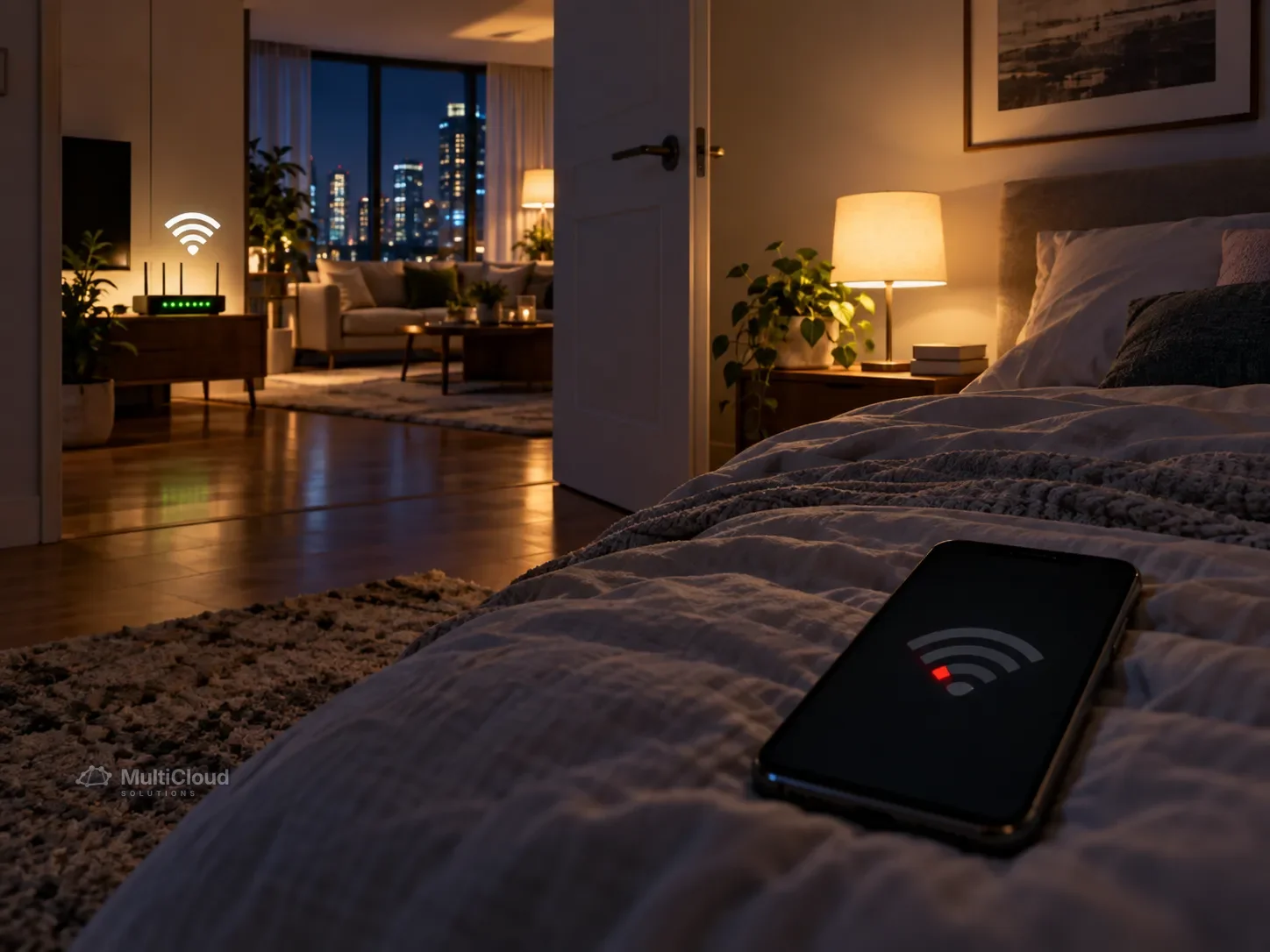 Ilustração de um ambiente com sinal de Wi-Fi fraco em um dos cômodos