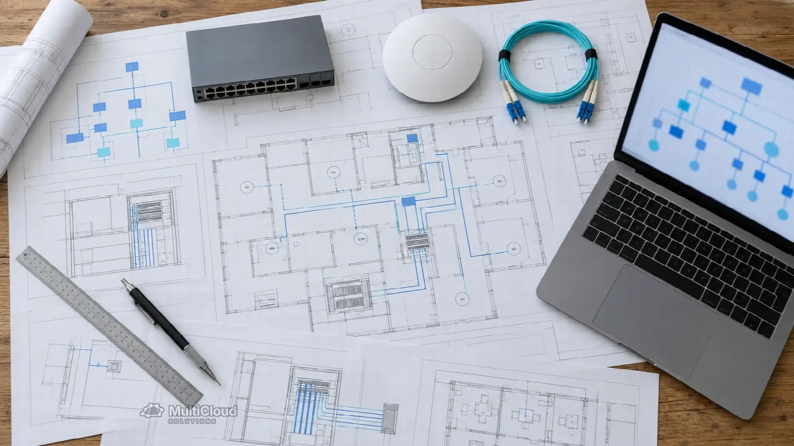 Ilustração de desenhos de arquitetura de rede sobre uma mesa com switch e ponto de acesso