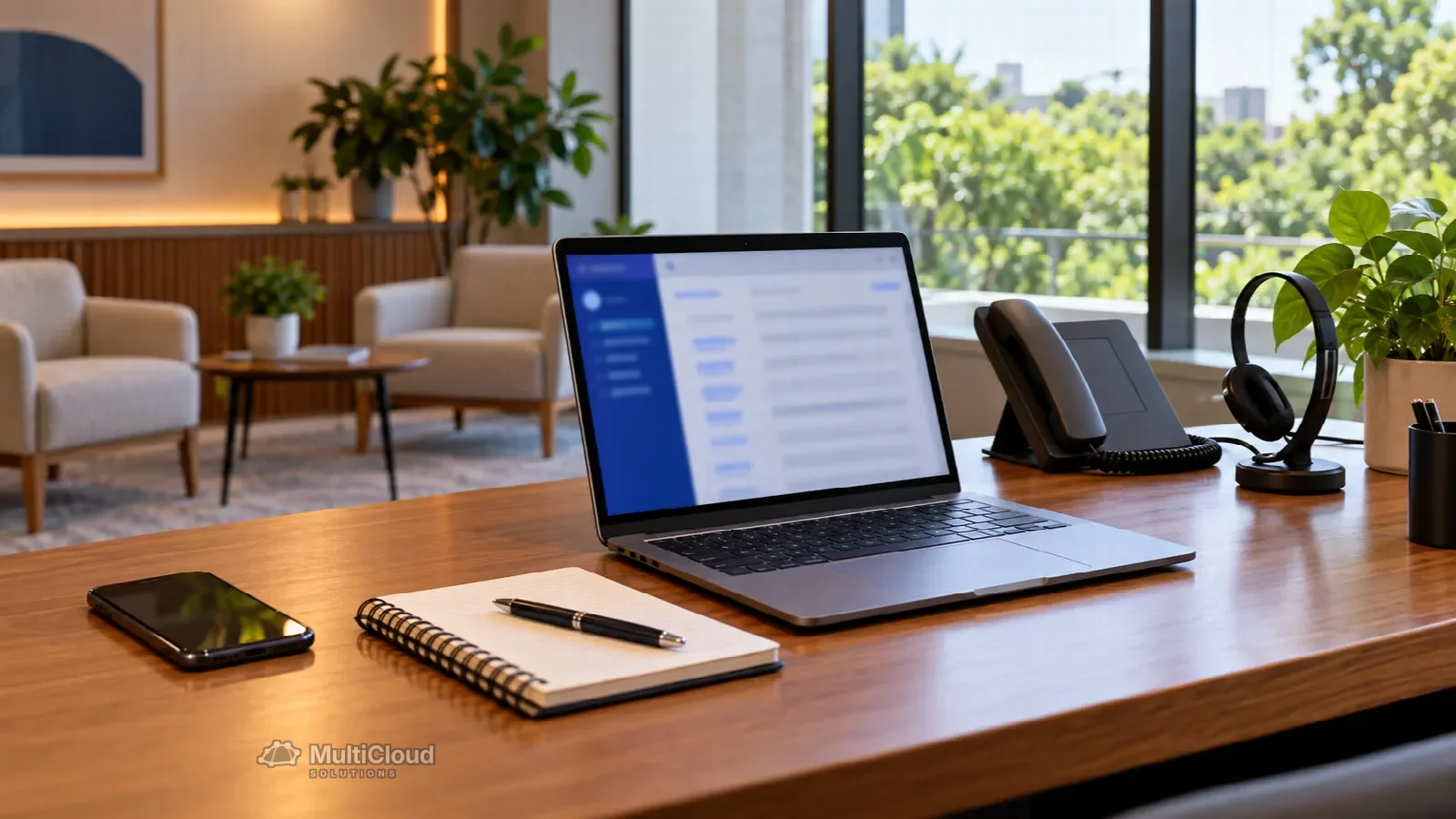 Ilustração de uma mesa de atendimento com celular, notebook e headset