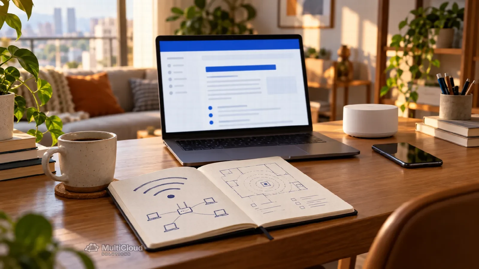 Ilustração de um notebook com um artigo de ajuda e anotações sobre redes
