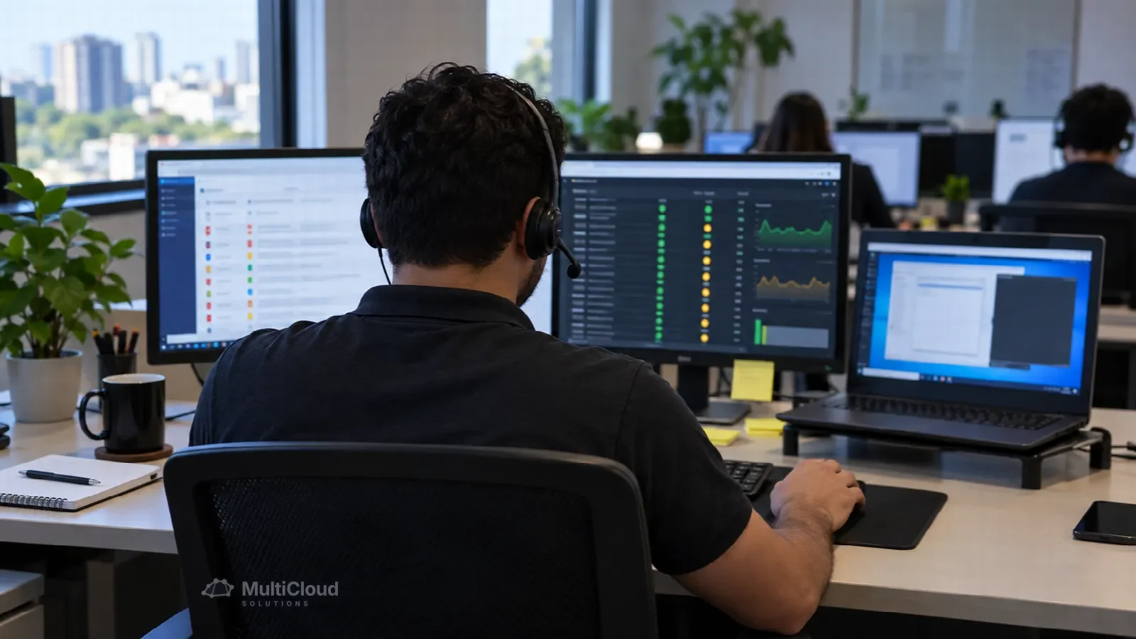 Ilustração de um técnico de service desk acompanhando chamados em vários monitores