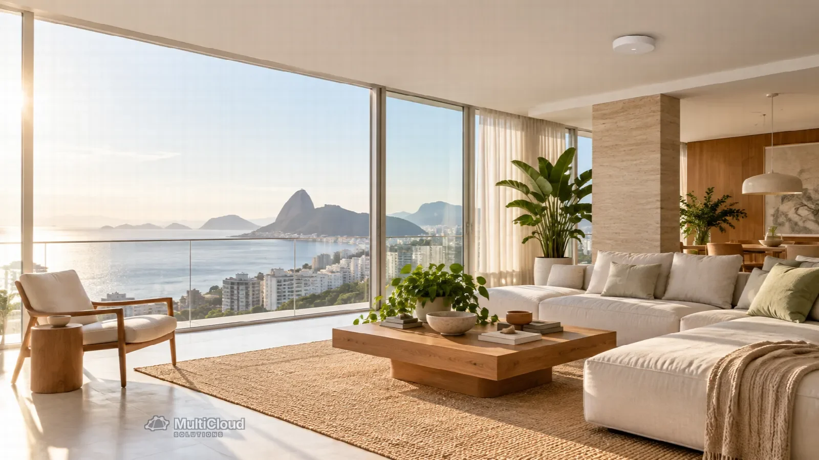 Ilustração de uma sala de estar com Wi-Fi e câmeras discretas