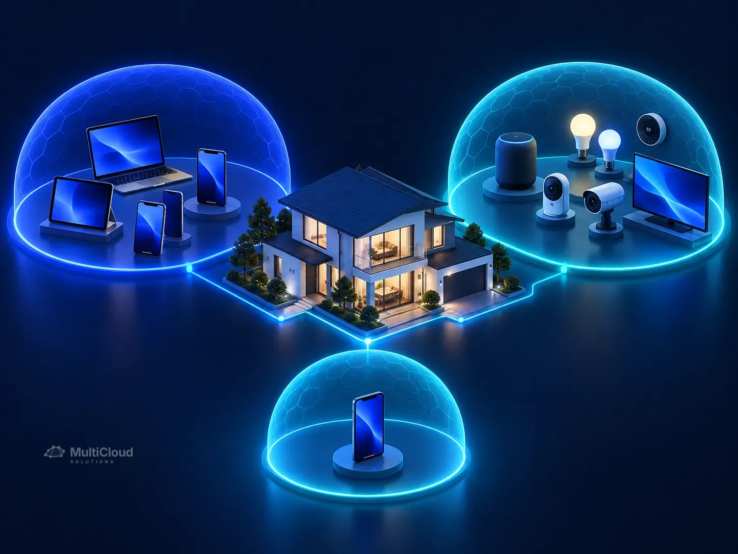 Ilustração de dispositivos inteligentes integrados à rede de uma residência