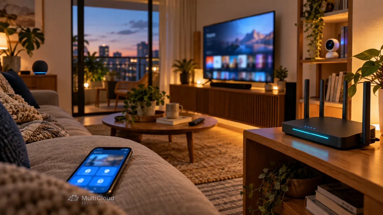 Ilustração de uma sala de estar com roteador Wi-Fi, TV, câmera na estante e celular no sofá