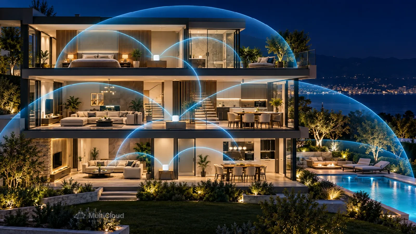 Ilustração de pontos de acesso mesh conectando os ambientes de uma casa