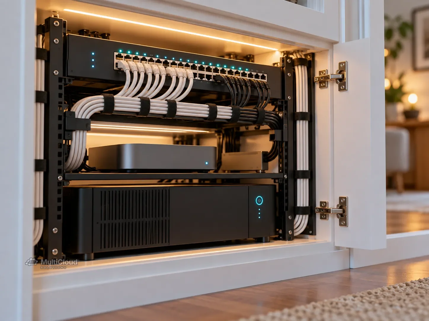 Ilustração de um rack de rede organizado em uma residência