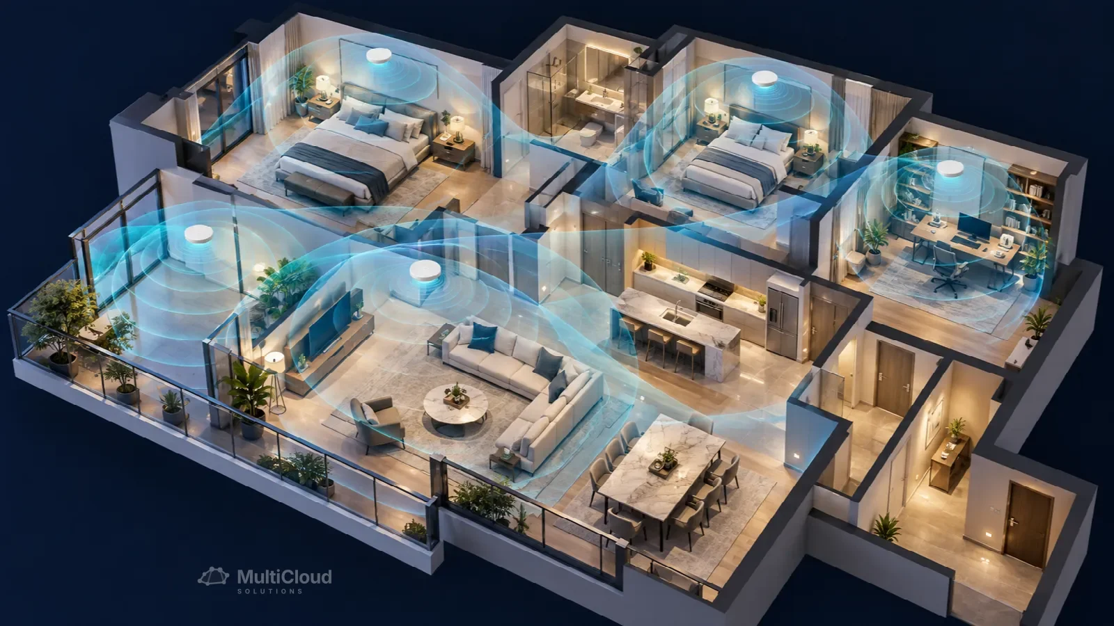 Ilustração de Wi-Fi gerenciado cobrindo todos os cômodos de uma casa